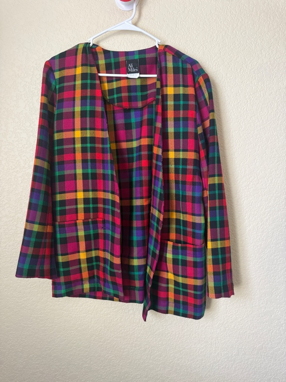 Ali Miles Multicolor Plaid Open-Front Blazer with Pockets